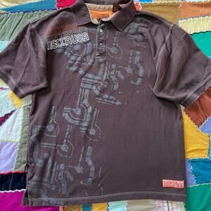 Y2K Mecca Front Designed Brown Polo Shirt XL